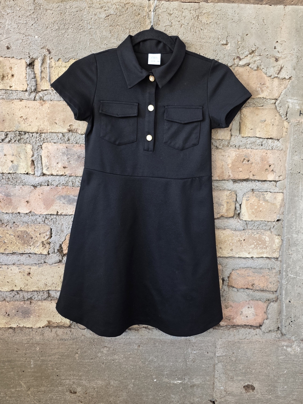 ZARA Girls Black Collared Polo Dress Gold Pearl Buttons Size 11-12 (152)